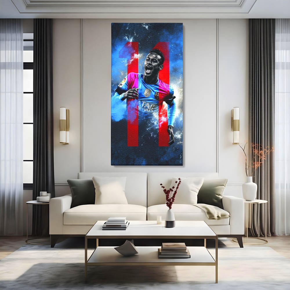 Tablou canvas cu tablou canvas cu fotbalistul neymar, fara rama, pe sasiu de lemn, pe perete intr-un living